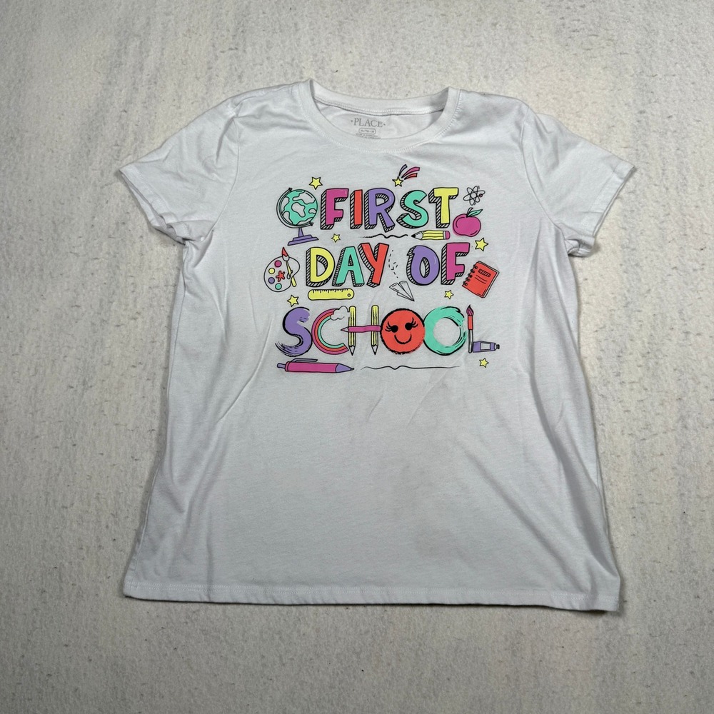 Childrens Place Girls First Day of School Graphic T-Shirt White XL 14